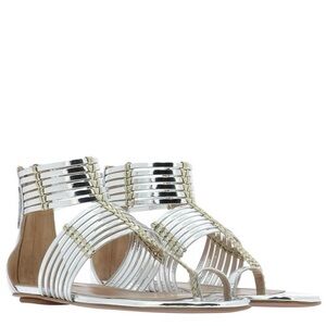 Aquazzura Leather Ravello Key Ring Silver Tone Gladiator Sandals, 37.5 (U.S. 7)